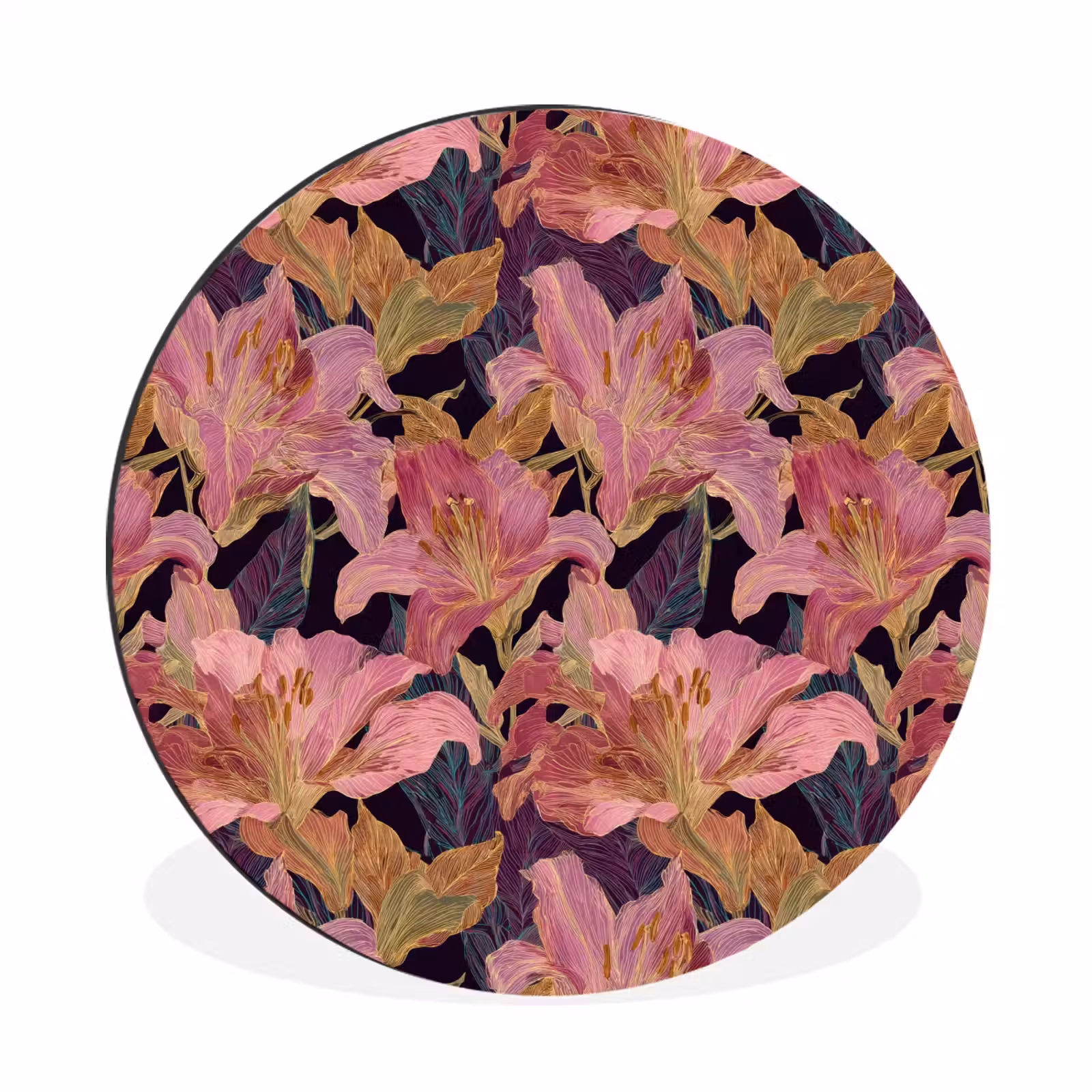 Wandcirkel - Aluminium - Lelies - Patroon - Roze - Goud — 1