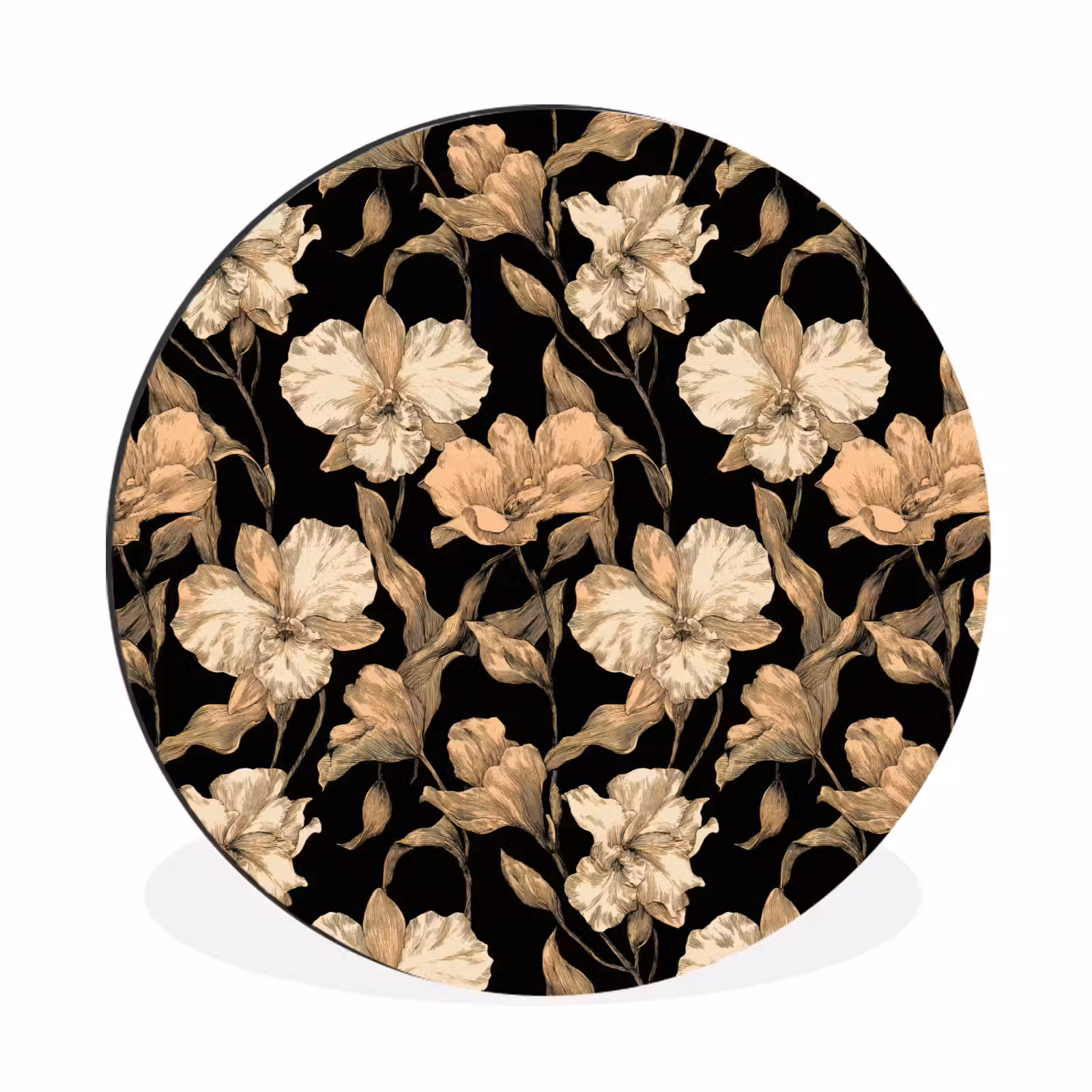 Wandcirkel - Aluminium - Orchideeën - Lijntekening - Patroon - Beige - Zwart — 1