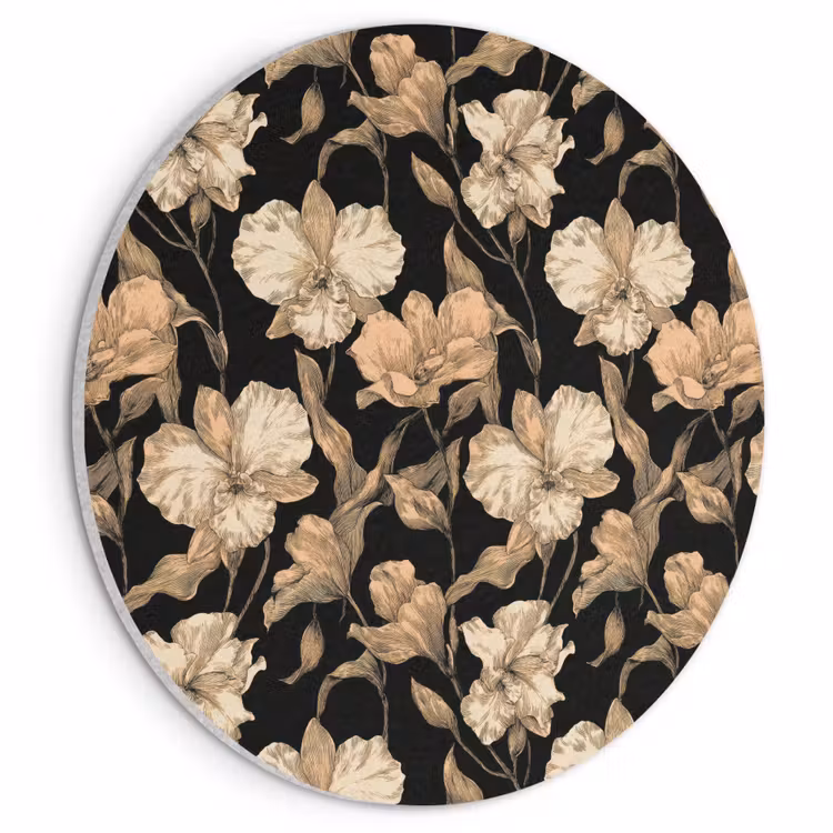 Akoestisch schilderij rond - Orchideeën - Lijntekening - Patroon - Beige - Zwart — 1