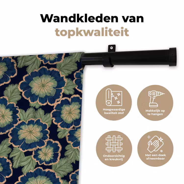 Wandkleed - Bloemen - Borduurwerk - Patroon - Blauw - Groen — 3