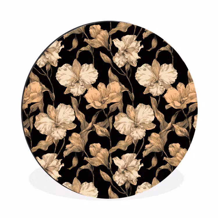 Wandcirkel - Aluminium - Orchideeën - Lijntekening - Patroon - Beige - Zwart — 1