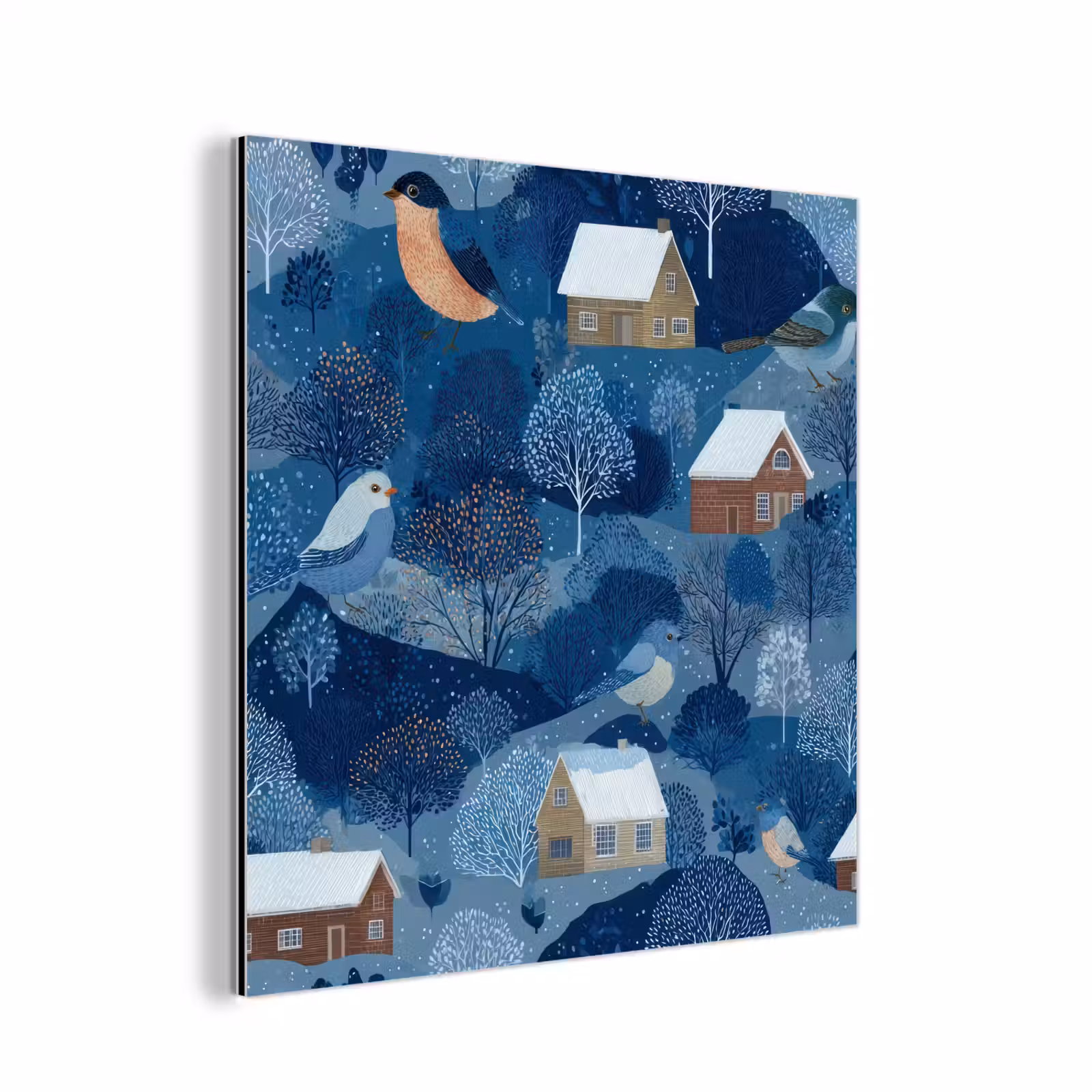 Aluminium schilderij - Huisjes - Vogels - Sneeuw - Winter - Blauw — 1