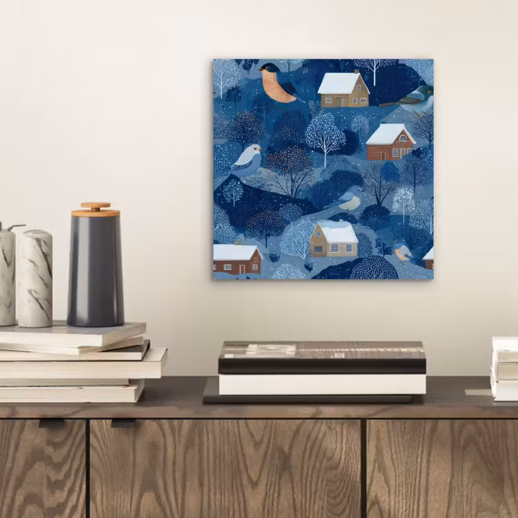 Aluminium schilderij - Huisjes - Vogels - Sneeuw - Winter - Blauw — 2