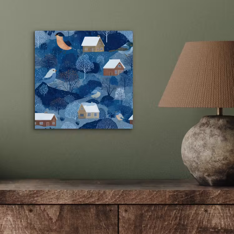 Aluminium schilderij - Huisjes - Vogels - Sneeuw - Winter - Blauw — 3