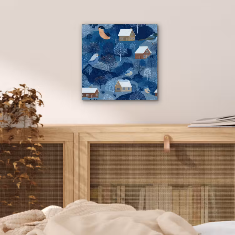Aluminium schilderij - Huisjes - Vogels - Sneeuw - Winter - Blauw — 4