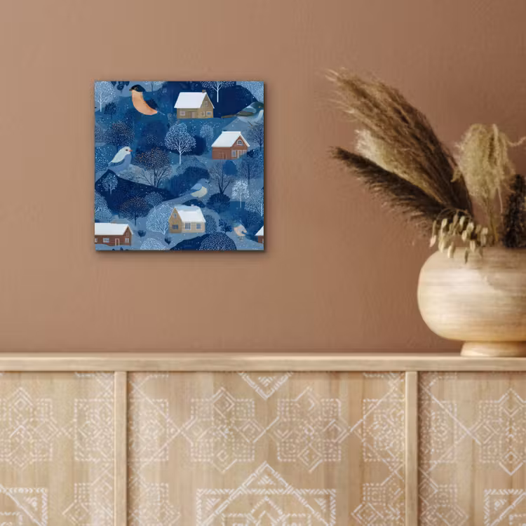 Aluminium schilderij - Huisjes - Vogels - Sneeuw - Winter - Blauw — 5
