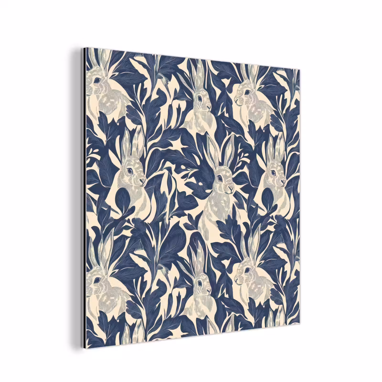 Aluminium schilderij - Hazen - Bladeren - Patroon - Blauw - Beige — 1