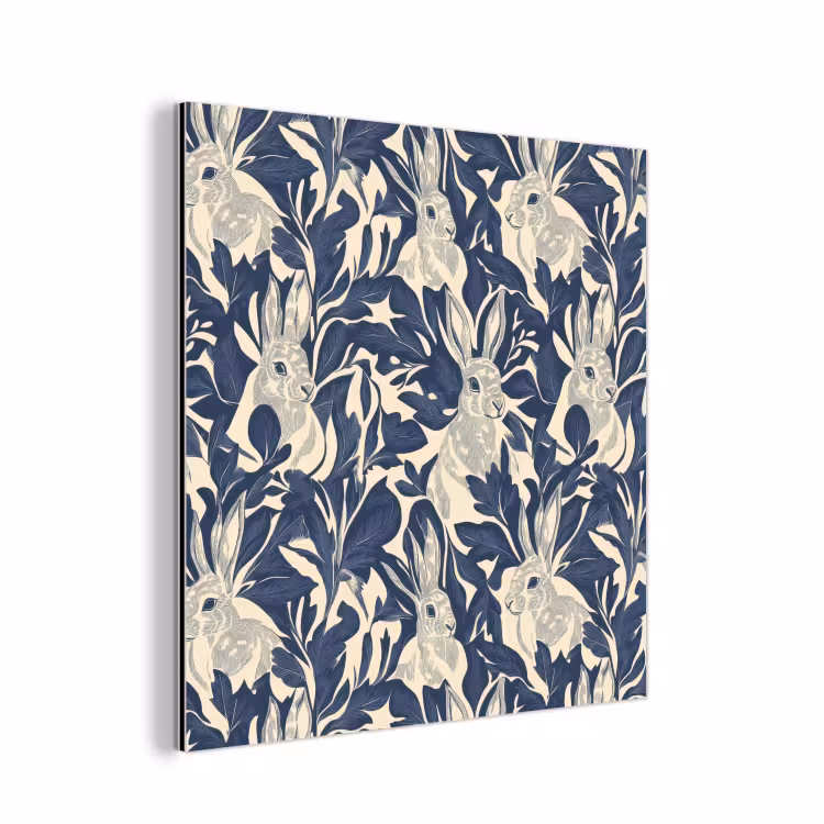 Aluminium schilderij - Hazen - Bladeren - Patroon - Blauw - Beige — 1