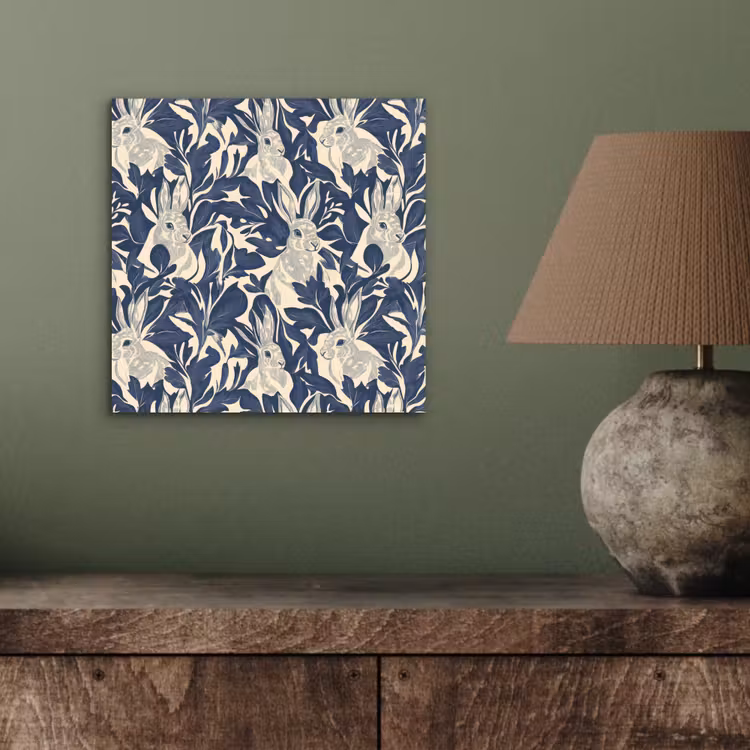 Aluminium schilderij - Hazen - Bladeren - Patroon - Blauw - Beige — 3