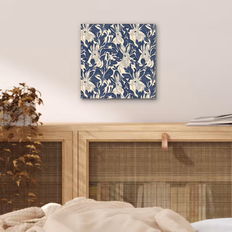 Aluminium schilderij - Hazen - Bladeren - Patroon - Blauw - Beige — 4