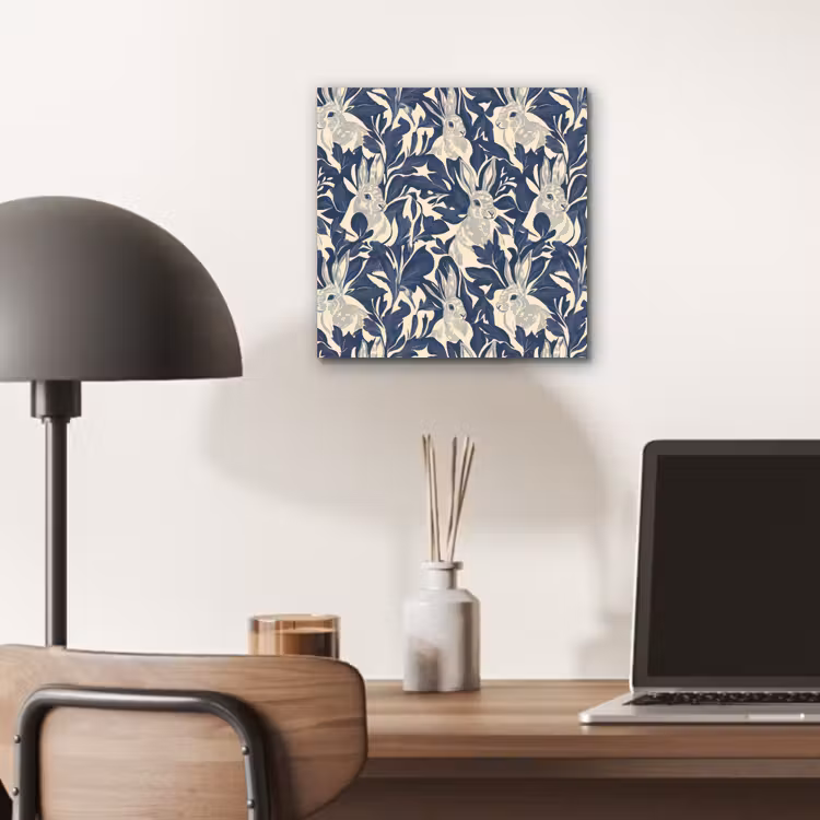 Aluminium schilderij - Hazen - Bladeren - Patroon - Blauw - Beige — 6