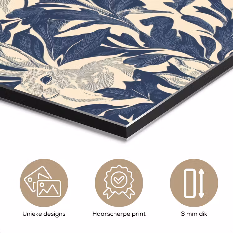 Aluminium schilderij - Hazen - Bladeren - Patroon - Blauw - Beige — 7