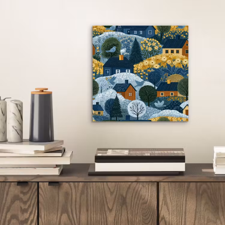 Aluminium schilderij - Huisjes - Bloemen - Patroon - Geel - Blauw — 2