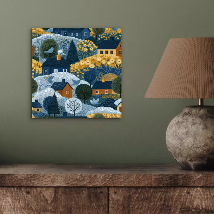 Aluminium schilderij - Huisjes - Bloemen - Patroon - Geel - Blauw — 3