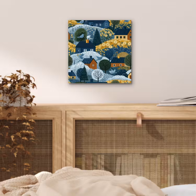 Aluminium schilderij - Huisjes - Bloemen - Patroon - Geel - Blauw — 4
