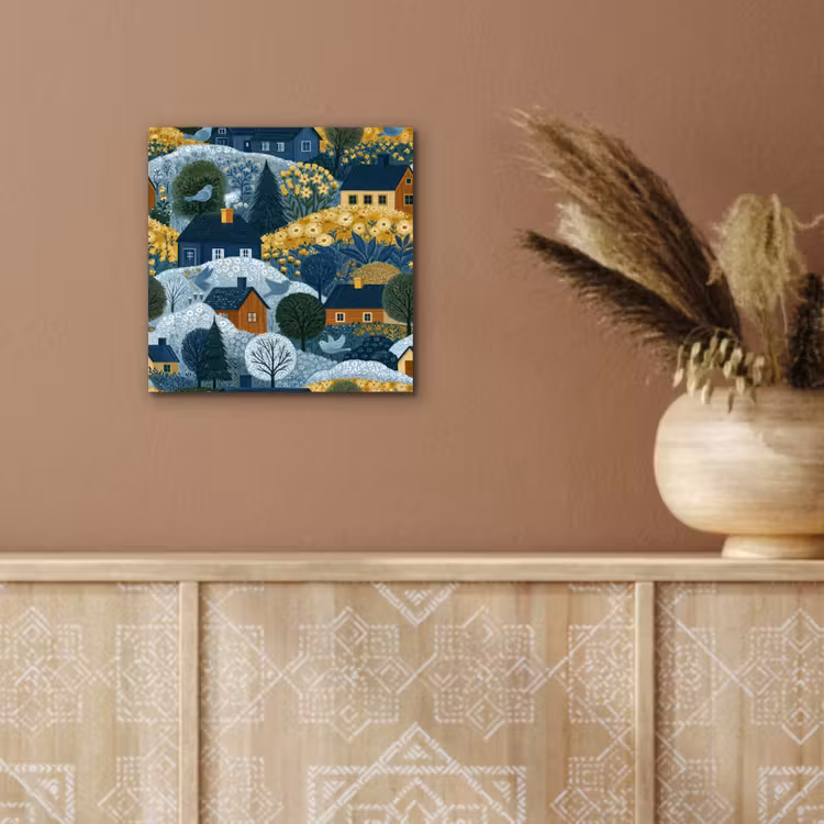 Aluminium schilderij - Huisjes - Bloemen - Patroon - Geel - Blauw — 5