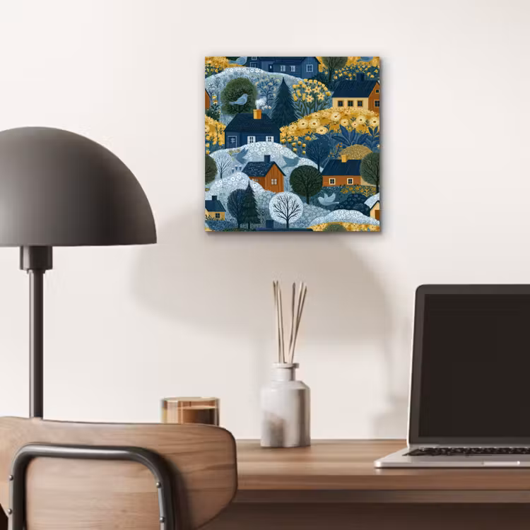 Aluminium schilderij - Huisjes - Bloemen - Patroon - Geel - Blauw — 6