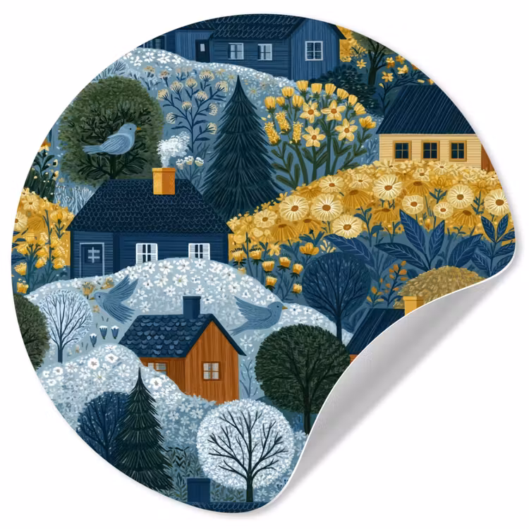 Behangcirkel - Huisjes - Bloemen - Patroon - Geel - Blauw — 1