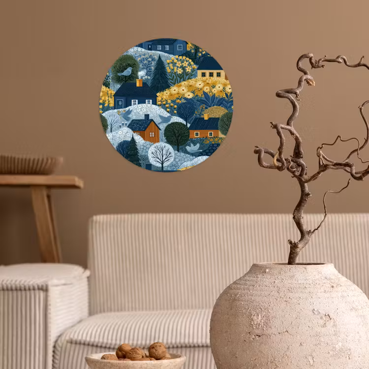 Behangcirkel - Huisjes - Bloemen - Patroon - Geel - Blauw — 2