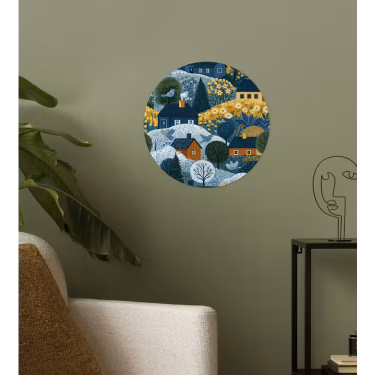 Behangcirkel - Huisjes - Bloemen - Patroon - Geel - Blauw — 3