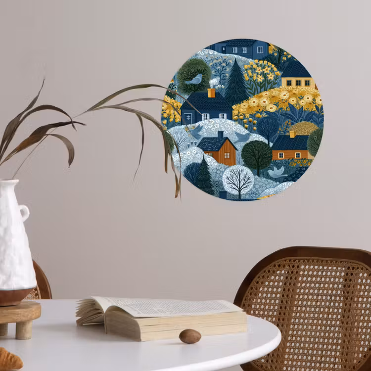 Behangcirkel - Huisjes - Bloemen - Patroon - Geel - Blauw — 4