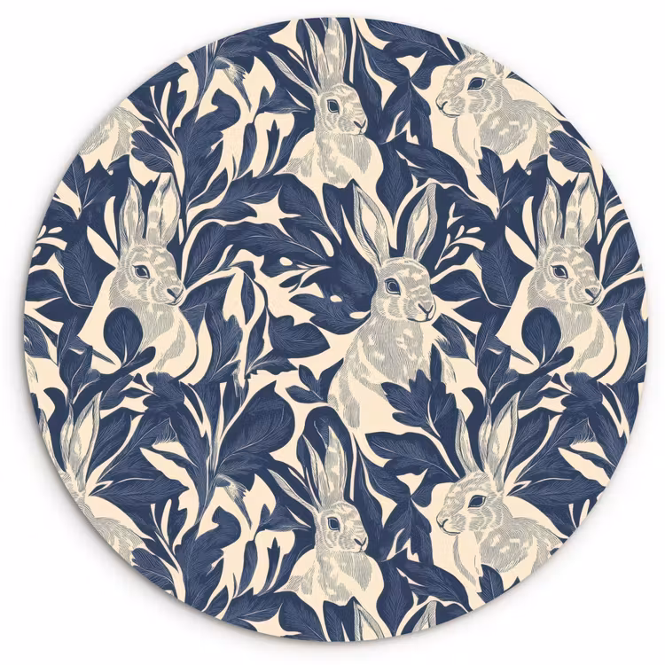 Muurcirkel - Hazen - Bladeren - Patroon - Blauw - Beige — 1