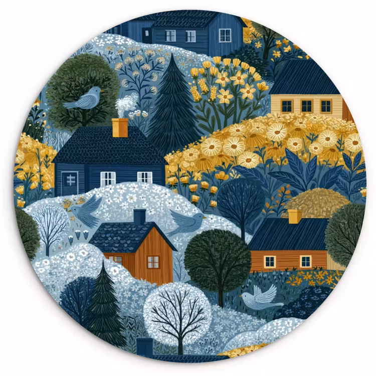 Muurcirkel - Huisjes - Bloemen - Patroon - Geel - Blauw — 1