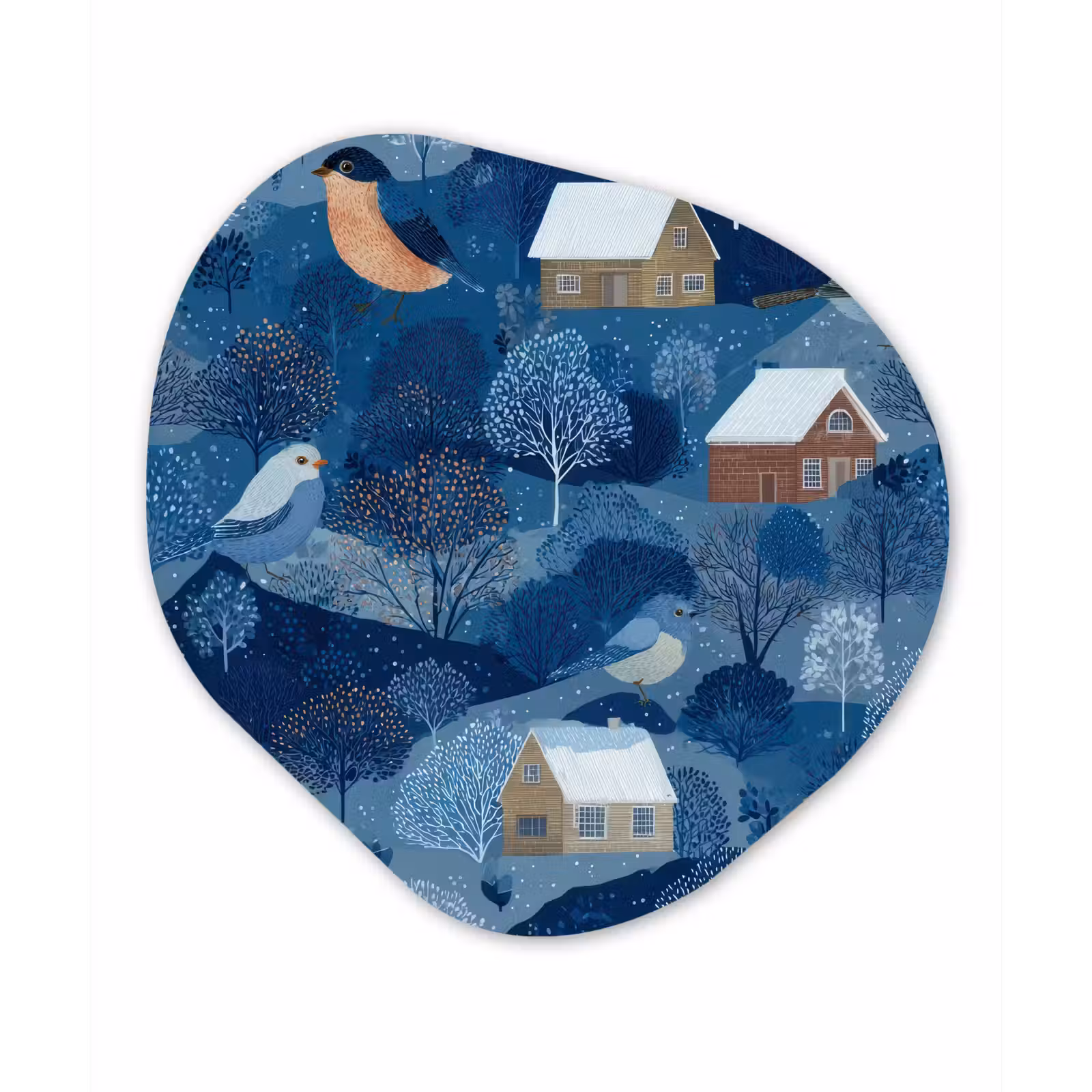 Organisch schilderij - Forex - Huisjes - Vogels - Sneeuw - Winter - Blauw — 1