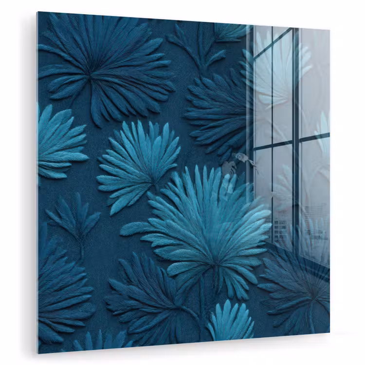 Glas schilderij - Bladeren - Reliëf - Patroon - Oceaanblauw - Modern — 1