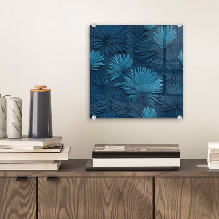 Glas schilderij - Bladeren - Reliëf - Patroon - Oceaanblauw - Modern — 2