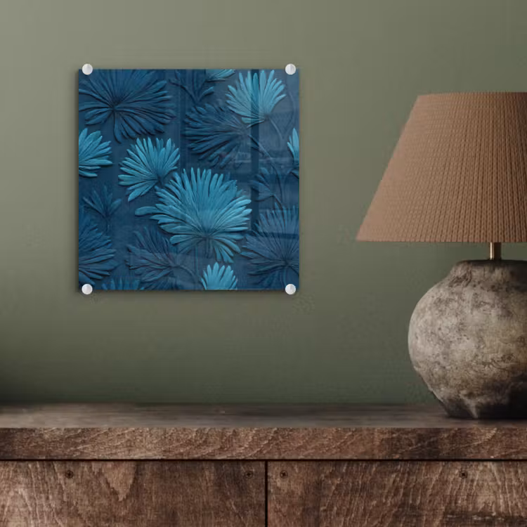 Glas schilderij - Bladeren - Reliëf - Patroon - Oceaanblauw - Modern — 4
