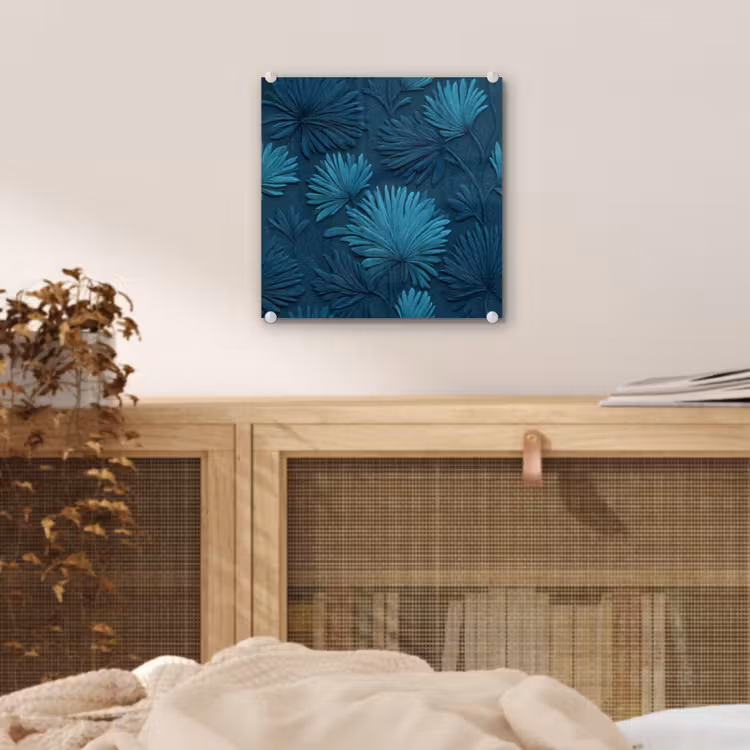Glas schilderij - Bladeren - Reliëf - Patroon - Oceaanblauw - Modern — 5