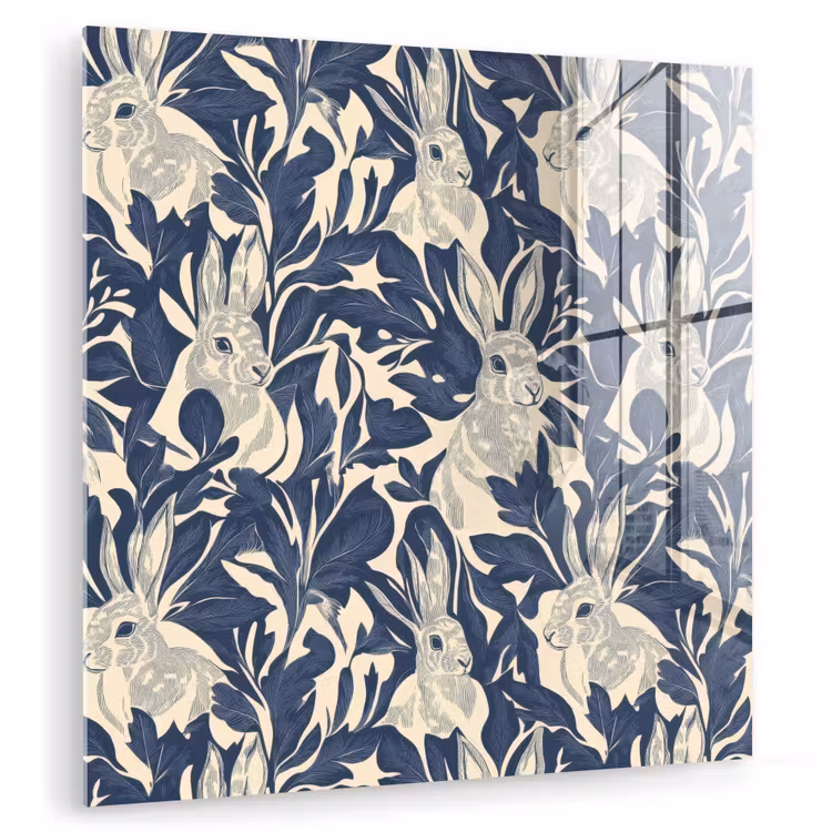 Glas schilderij - Hazen - Bladeren - Patroon - Blauw - Beige — 1