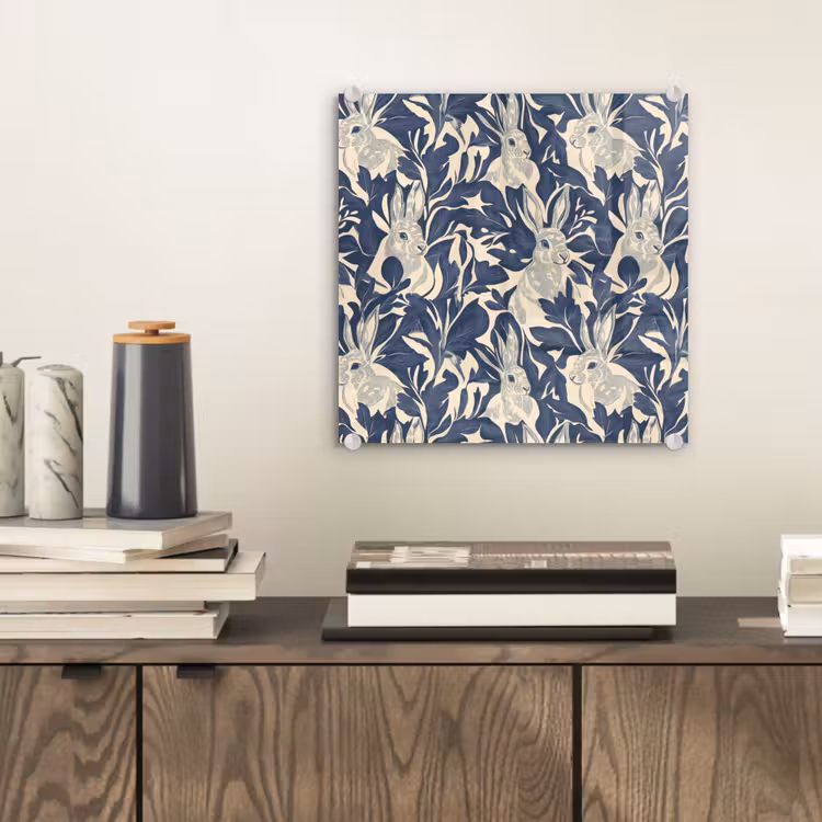 Glas schilderij - Hazen - Bladeren - Patroon - Blauw - Beige — 2