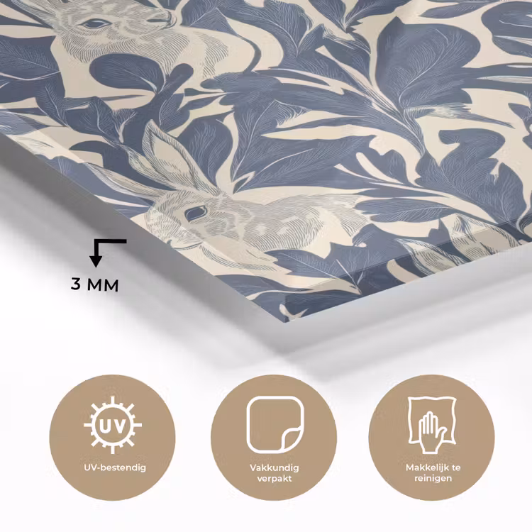Glas schilderij - Hazen - Bladeren - Patroon - Blauw - Beige — 3