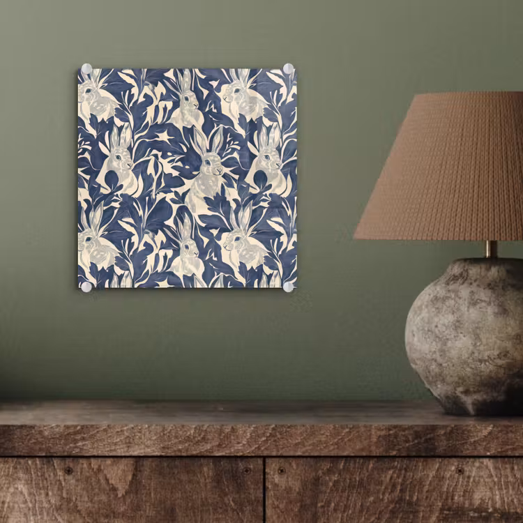Glas schilderij - Hazen - Bladeren - Patroon - Blauw - Beige — 4