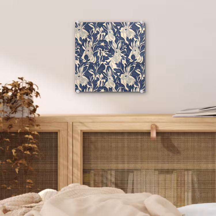 Glas schilderij - Hazen - Bladeren - Patroon - Blauw - Beige — 5