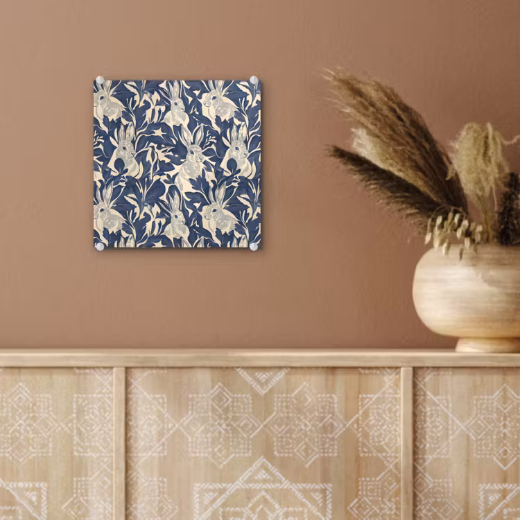 Glas schilderij - Hazen - Bladeren - Patroon - Blauw - Beige — 6