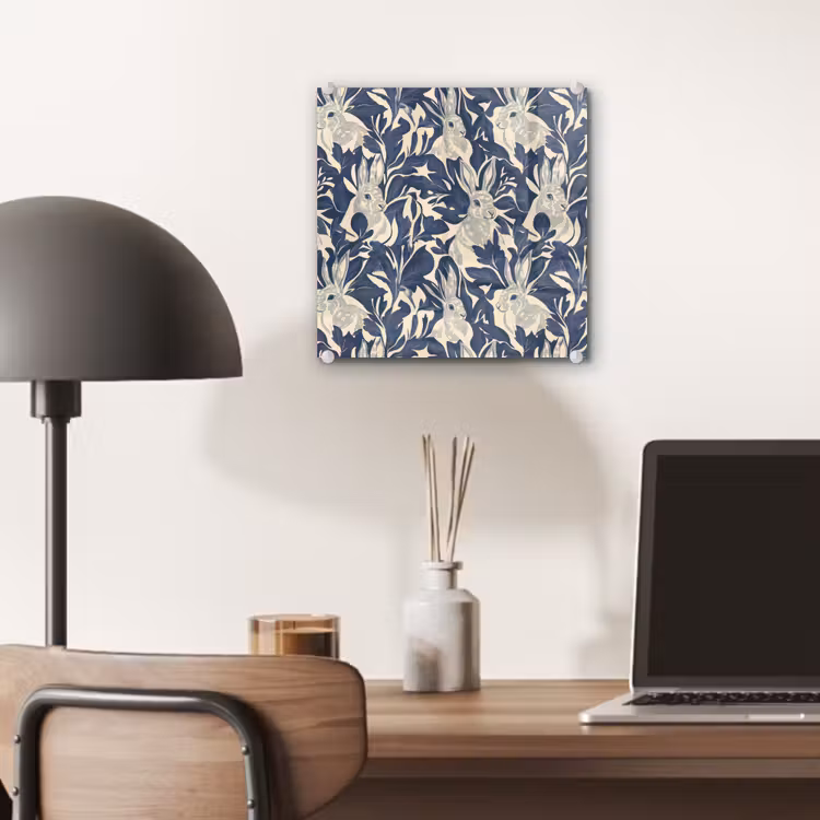 Glas schilderij - Hazen - Bladeren - Patroon - Blauw - Beige — 7