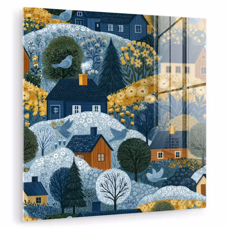Glas schilderij - Huisjes - Bloemen - Patroon - Geel - Blauw — 1