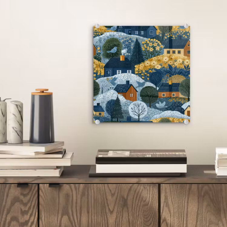 Glas schilderij - Huisjes - Bloemen - Patroon - Geel - Blauw — 2