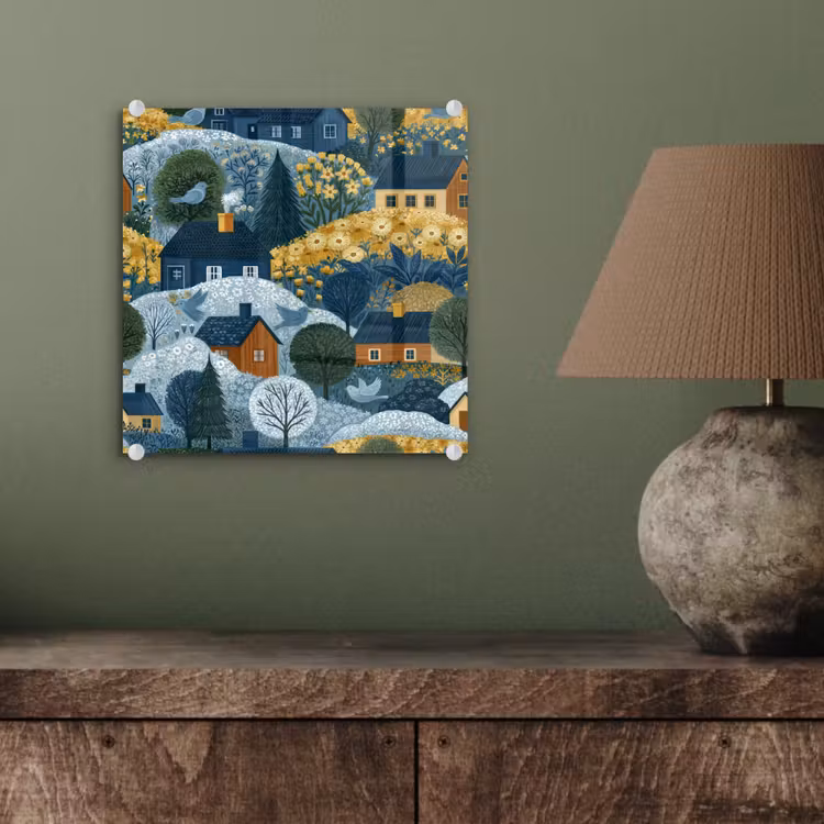 Glas schilderij - Huisjes - Bloemen - Patroon - Geel - Blauw — 4