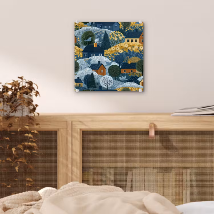 Glas schilderij - Huisjes - Bloemen - Patroon - Geel - Blauw — 5