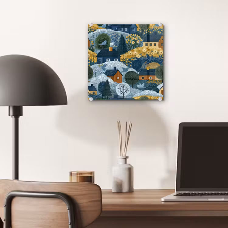 Glas schilderij - Huisjes - Bloemen - Patroon - Geel - Blauw — 7