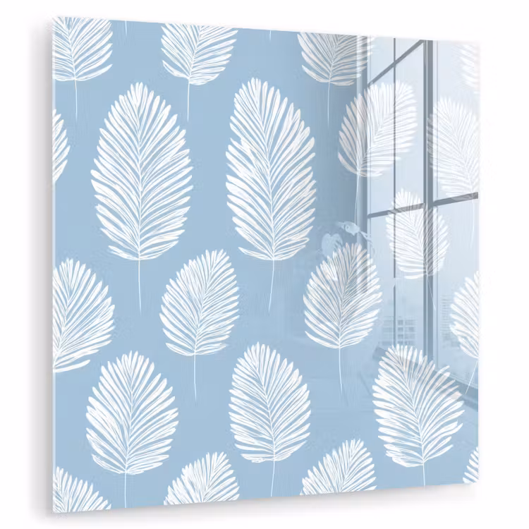 Glas schilderij - Palmbladeren - Naadloos - Patroon - Pastelblauw — 1