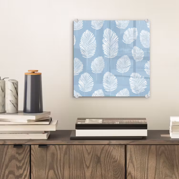 Glas schilderij - Palmbladeren - Naadloos - Patroon - Pastelblauw — 2