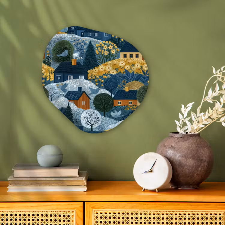 Organisch schilderij - Forex - Huisjes - Bloemen - Patroon - Geel - Blauw — 2