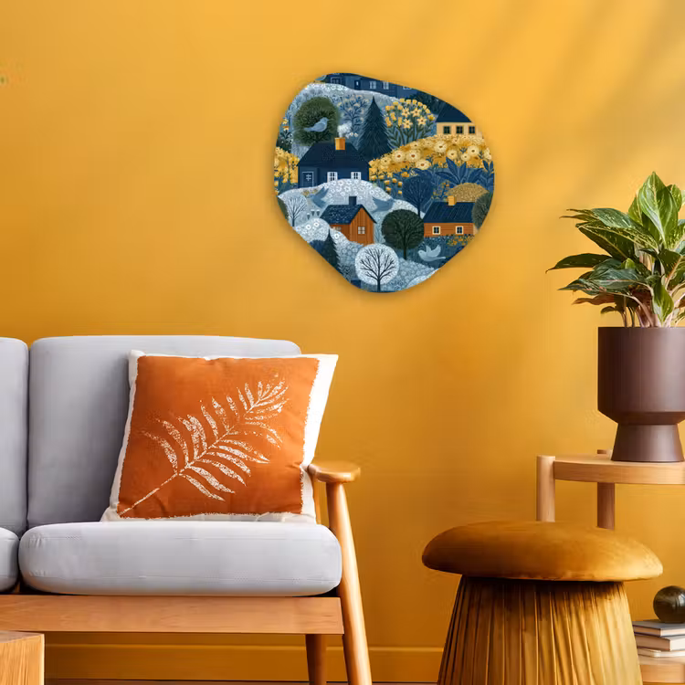 Organisch schilderij - Forex - Huisjes - Bloemen - Patroon - Geel - Blauw — 3