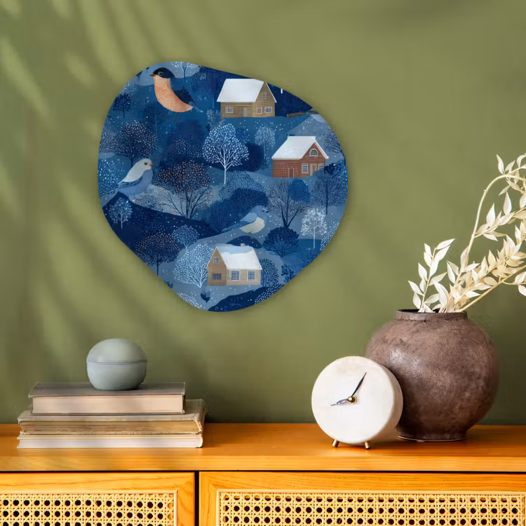 Organisch schilderij - Forex - Huisjes - Vogels - Sneeuw - Winter - Blauw — 2