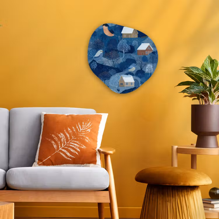 Organisch schilderij - Forex - Huisjes - Vogels - Sneeuw - Winter - Blauw — 3